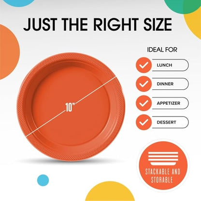 Orange Plastic Plates For Party 10" Orange Disposable Plates Heavy Duty 100 Pcs Plastic Dinnerware Sets Heavy Duty 350 GSM Disposable Dinnerware Set