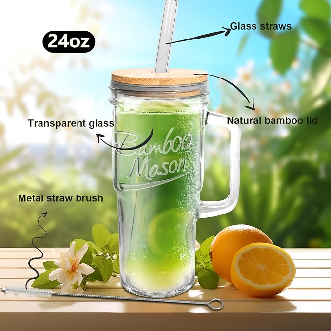 ANOTION Glass Cups with Lids and Straws - 24 oz Tumbler with Handle Christmas - Image 2