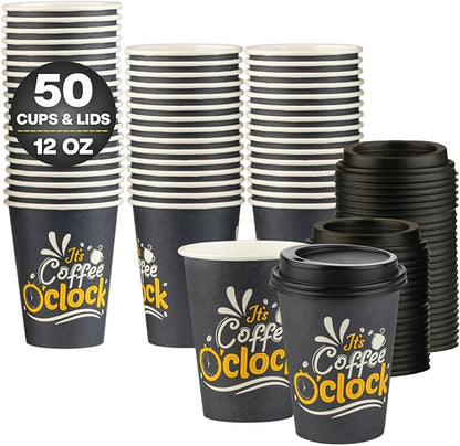 Disposable Coffee Cups with Lids, To Go Paper Hot Cups, Coffee O'Clock Design by SMYGOODS