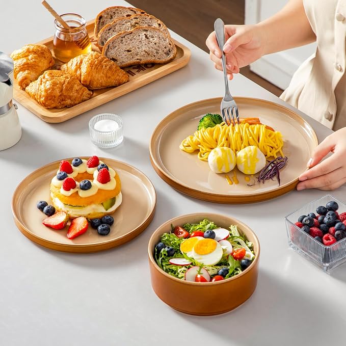 vancasso ONION Ceramic Plates and Bowls Sets, 18 Pieces Brown Dinnerware Sets - Image 5