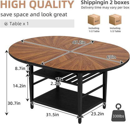 VFK 47.2"-63" Extendable Round Dining Table Set for 4–6, Solid Wood & Metal Table with Wine Rack Storage Shelf, Walnut Kitchen & Dining Room Furniture (1 Storage Table)