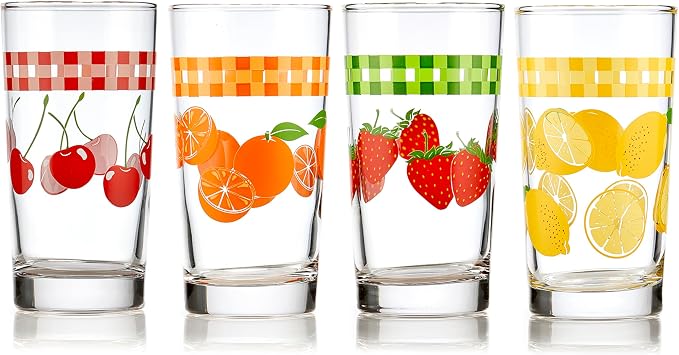 Libbey Vintage Juice Drinking Glasses Set of 4, Retro Fruit Design Glass Cups by Libbey