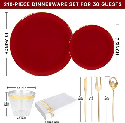 MirthMood 210pcs Red Plastic Plates,Disposable Red Gold Party Plates,Include 30 Dinner,Dessert Plate,30 Cup&30 Napkins, 90 Gold Silverware for Wedding & Party & Birthday（Plum Red）