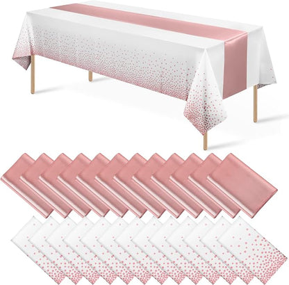MASHAN 24 Pack White and Rose Gold Tablecloth Set by MASHAN