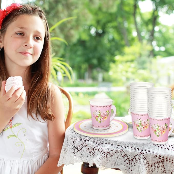 Whaline Pink Tea Party Tableware Supplies Serves 24 Pink Floral Tea Party - Image 5
