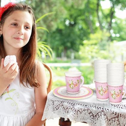 Whaline Pink Tea Party Tableware Supplies Serves 24 Pink Floral Tea Party - Image 5