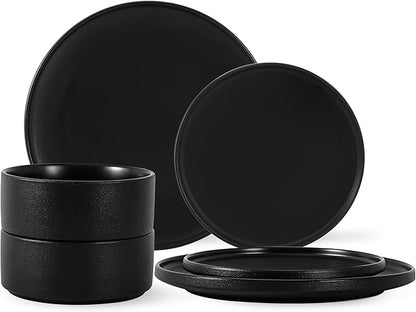 GZG Classic Series - Plates and Bowls Set for 2, 6 Piece Stoneware Dinnerware Sets, Microwave and Dishwasher Safe Lead-Free Handcrafted Ceramic Dishes Set - Frosted Matte Black