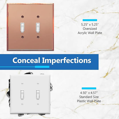 LIDER Double Toggle Switch Acrylic Wall Plate, Mirrored Dual Light Switch Plate, Plexiglass Switch Cover, Reflective Finish, Modern Upgrade, Oversized 2-Gang 5.25" x 5.25", Rose Gold