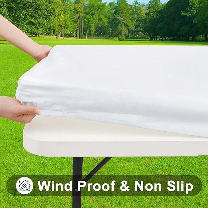 Smiry Rectangle Tablecloth, Elastic Fitted Flannel Backed Vinyl Tablecloths for 8ft Folding Tables, Waterproof Wipeable Table Covers for Indoor, Outdoor, Picnic and Camping (White, 36"x96")