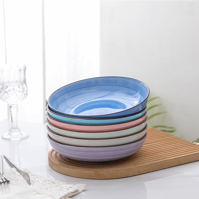 Selamica Ceramic Pasta Bowls Set 34 OZ, Large Salad Bowl 8.6 Inch Deep Plates for Pasta Soup, Microwave & Dishwasher Safe, Set of 6, Gradient Color