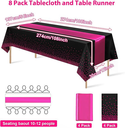 8Pack Disposable Plastic Party Tablecloths and Satin Table Runner Set Black Hot - Image 2