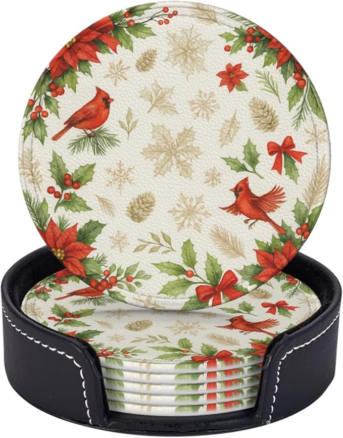 Christmas Gold and Red Floral Bird Coasters by KiuLoam