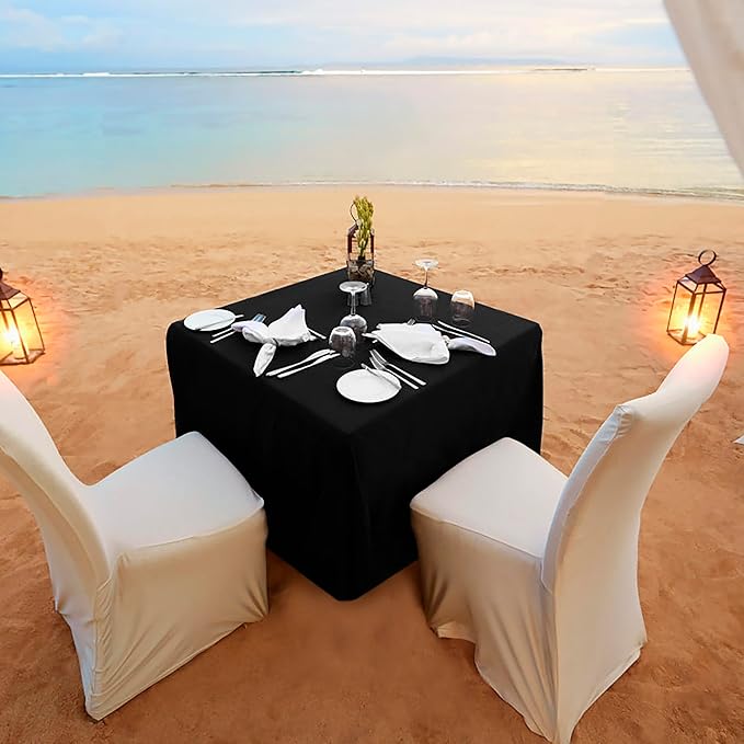 HolidayIdeas 2 Pack Square Fitted Table Covers - 34 x 34 Inch - Black Fabric Table Clothes Washable Tablecloth Protectors for Parties, Holiday Dinner, Trade Show, Vendor Stand