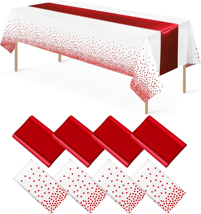 8Pack Disposable Plastic Tablecloths and Satin Table Runner Set White and Red by MASHAN