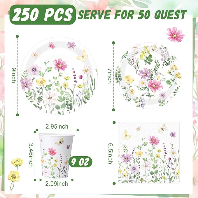 250 Pcs Wildflower Party Decorations Include Spring Summer Floral Paper Plates - Image 3