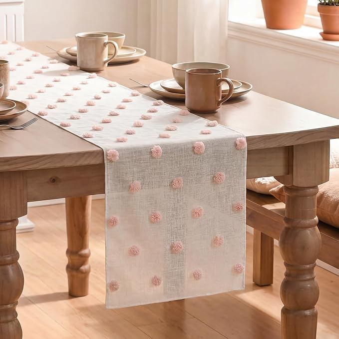 Artoid Mode Pink Pom Pom Tulle Table Runner, Seasonal Washable Kitchen Dining by ArtoidMode