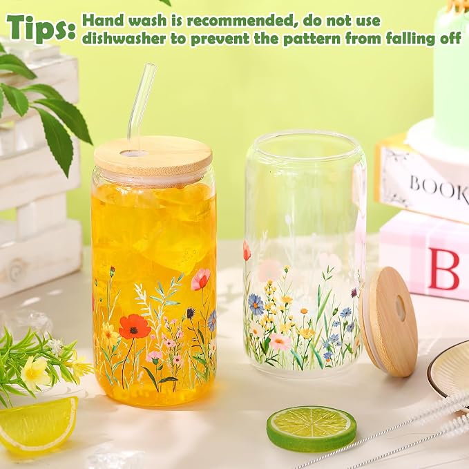Sliner 2 Pcs Wildflower Glass Cups Floral Drinking Glasses Flower Iced Coffee - Image 2