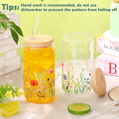 Sliner 2 Pcs Wildflower Glass Cups Floral Drinking Glasses Flower Iced Coffee - Image 2