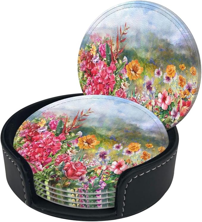 6 Pcs Flower Rose Spring Floral Leather Coasters - Image 2