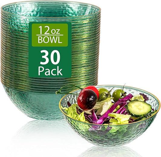 Rubtlamp 30 Pack Clear Green Disposable Bowls, Clear Plastic Bowls with Gold Rim, 12-16oz Premium Heavy Duty Plastic Dinner Bowls for Party&Holiday