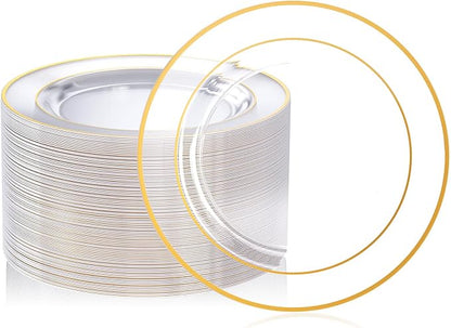 FOCUSLINE 100 Count 10 Inch Clear and Gold Plastic Plates, Disposable Heavy by FOCUSLINE