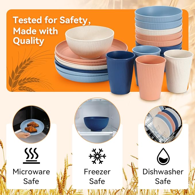 Wheat Straw Dinnerware Sets, 64-Piece Beige Plates and Bowls Sets - Image 3