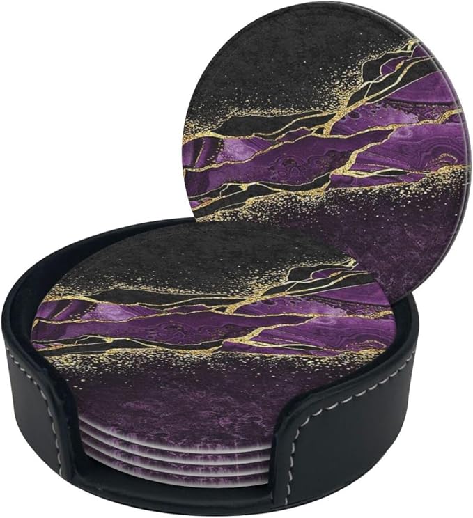 6 Pcs Abstract Black and Purple Marble Leather Coasters - Image 3