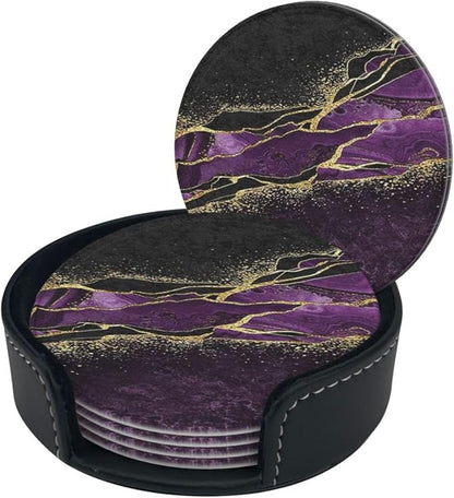 6 Pcs Abstract Black and Purple Marble Leather Coasters - Image 3
