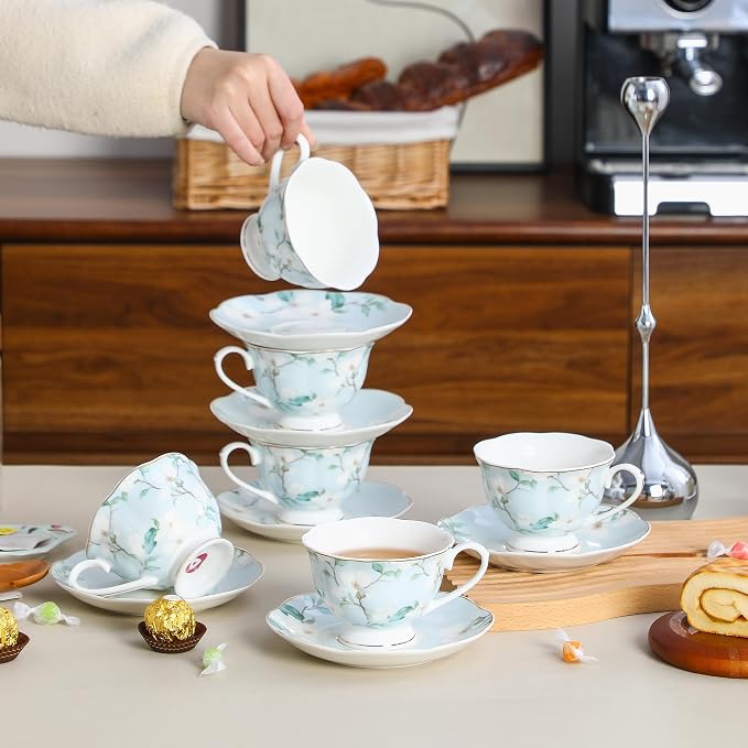 6oz Porcelain Tea Cup & Saucer Set of 6, complete 12-pieces cup & saucer set - Image 6