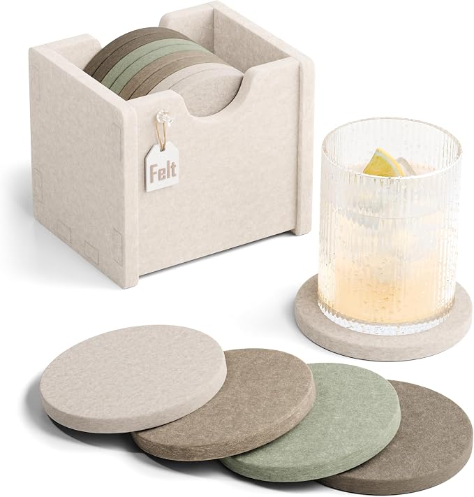Fluxynara Felt Coasters with Holder, Linen Dusk | Round Felt Coasters, by FLUXYNARA