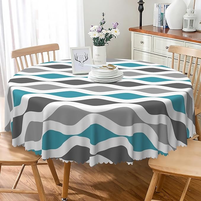 Laeacco 48 Inch Geometric Round Tablecloth Blue and Grey Waved Stripes Modern Abstract Art Print Table Cloth Washable Waterproof Wrinkle Free Table Cover for Kitchen Dining Picnic Party Decoration