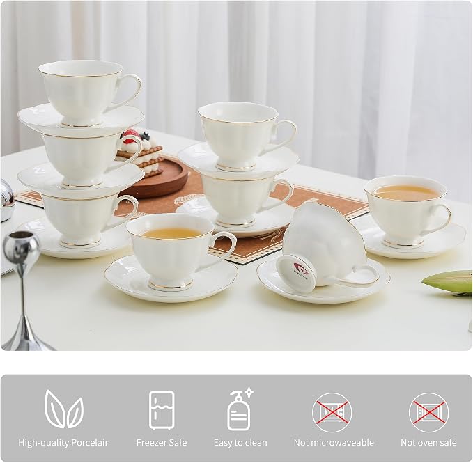 White Ceramic Tea Cup and Saucer Set of 8 - 6oz Elegant Porcelain Cups - Image 3
