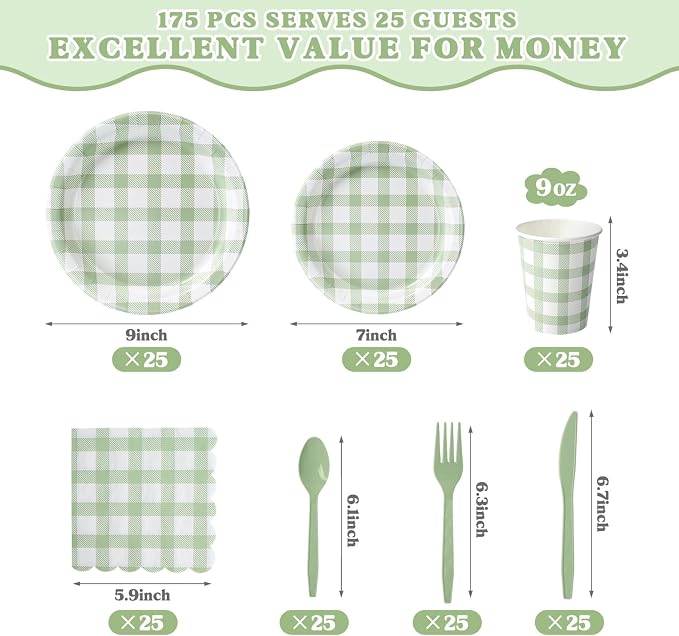 Vyntra 175 Pcs Sage Green & White Checkered Gingham Paper Plates and Napkins Set - Image 2
