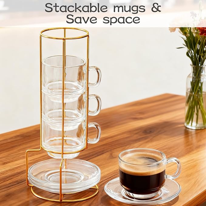 5.4 oz Espresso Cups Set of 4, Stackable Glass Coffee Cups - Image 2