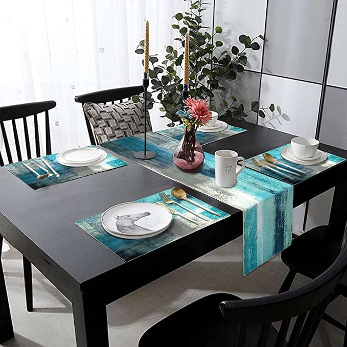 Teal Blue Abstract Table Runner and Place Mats Set of 6 Turquoise Teal - Image 6