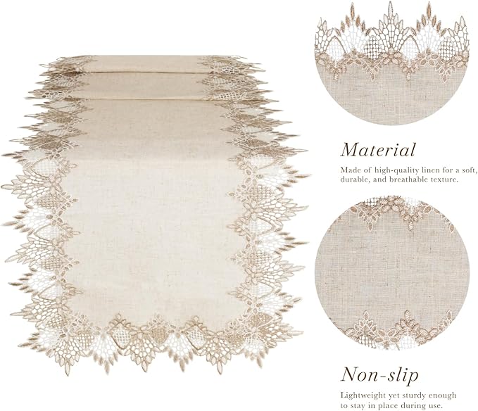 Phantomon Neutral Linen Table Runner 72 Inches Beige Embroidered Runner Lace - Image 5