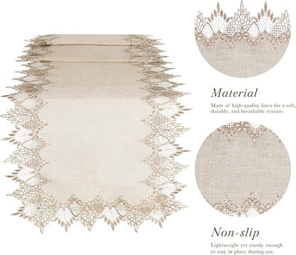 Phantomon Neutral Linen Table Runner 72 Inches Beige Embroidered Runner Lace - Image 5