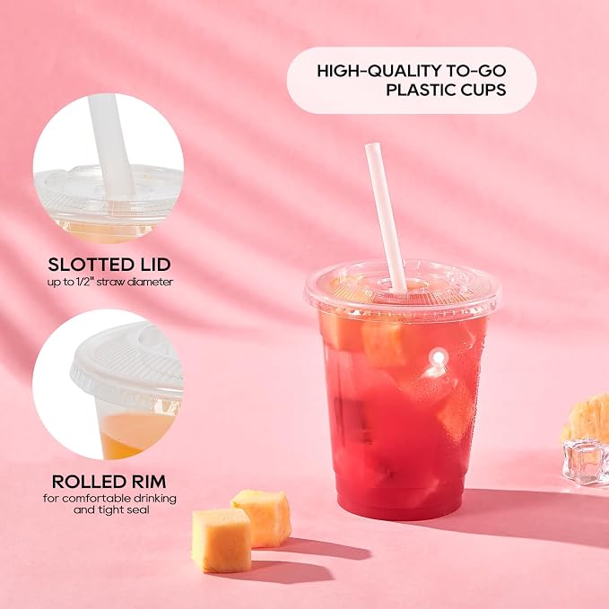 12 oz Clear Plastic Cups with Flat Slotted Lids, Disposable Drinking Party Cups - Image 4
