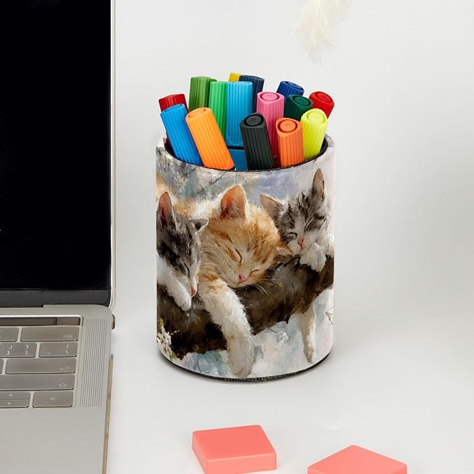 Leather Pen Holder for Desk, Sleeping Cat Pencil Cup Pen Organizer Makeup Brush - Image 5