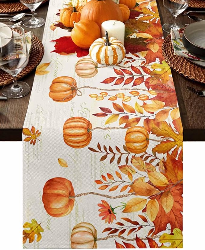 Orange Pumpkin Fall Table Runner 72 Inches Long, Thanksgiving Maple Eucalyptus by Unknown