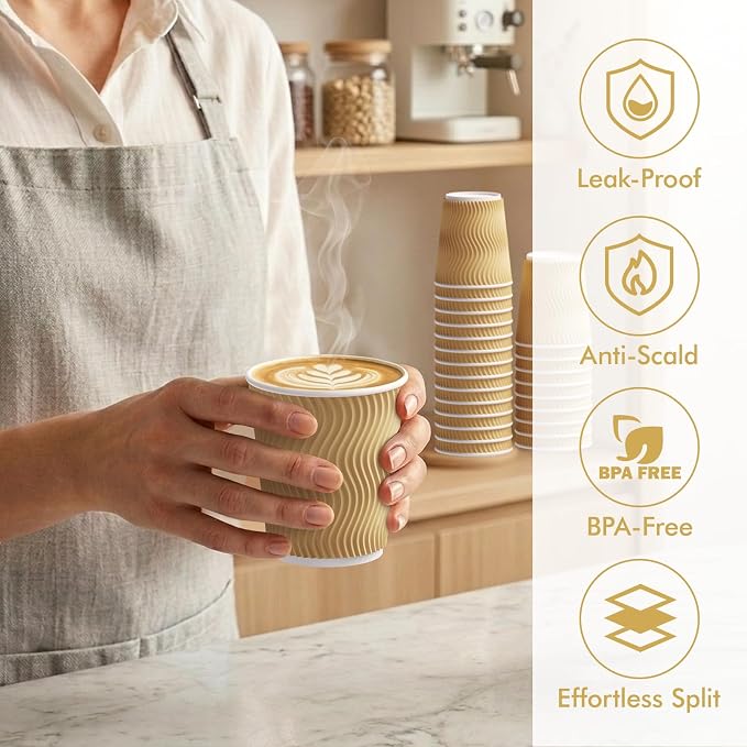 120 Count 8 oz Coffee Cups, Insulated Ripple Wall Paper Hot Cups, Leak-Proof - Image 4