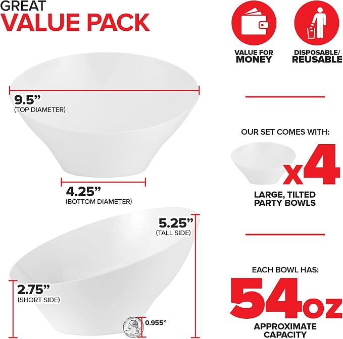 54oz White Plastic Serving Bowls Large Disposable Snack Bowl Candy Dishes - Image 2