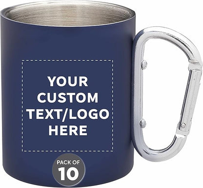 Custom Stainless Steel Mugs with Carabiner Handle 10 oz. Set of 10, Personalized Bulk Pack - Perfect for Coffee, Soda, Other Hot & Cold Beverages - Navy Blue