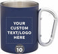 Custom Stainless Steel Mugs with Carabiner Handle 10 oz. Set of 10, Personalized Bulk Pack - Perfect for Coffee, Soda, Other Hot & Cold Beverages - Navy Blue
