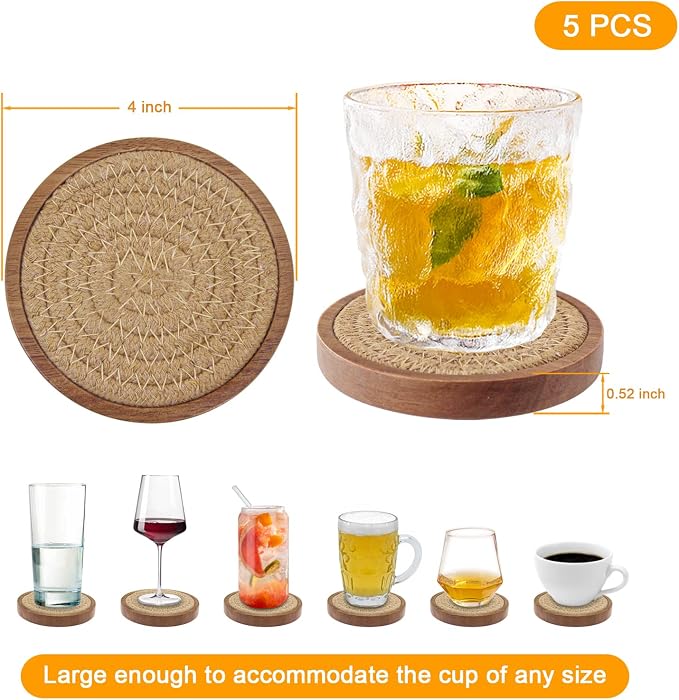 Wood Coasters for Drinks, Eykao Absorbent Coaster Sets of 5, Woven Drink - Image 6