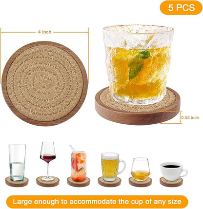 Wood Coasters for Drinks, Eykao Absorbent Coaster Sets of 5, Woven Drink - Image 6