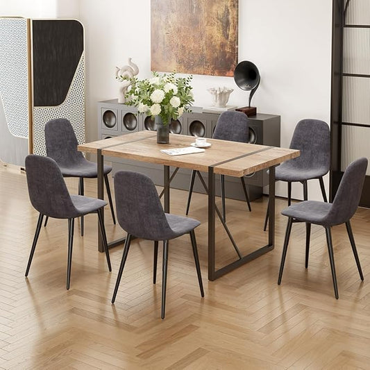7 Piece Dining Table Set for 6,Modern 55'' Rectangle Wood Dining Table and Fabric Dining Chairs 6,Kitchen Table and Chairs for 6,Ideal for Kitchen Dining Room