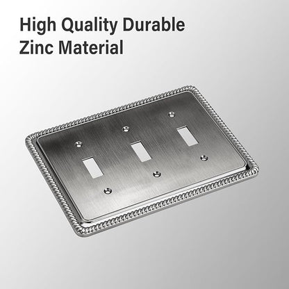 Henne Bery Rope Edge Decorative Wall Plate Switch Plate Outlet Cover (Triple Toggle, Heirloom Silver)