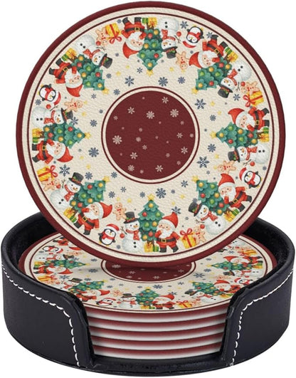 Red Christmas Trees Santa Claus Snowman Snowflakes Coasters by KiuLoam