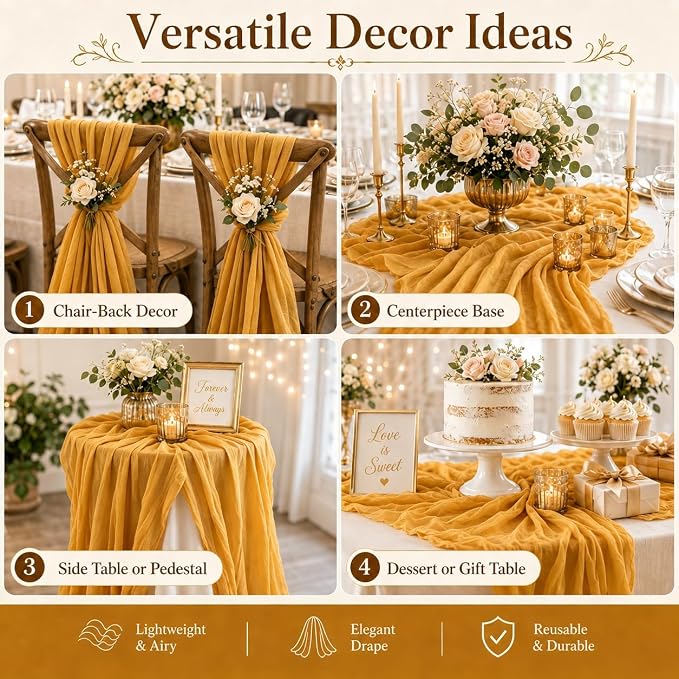 6 Pack Gold Cheesecloth Table Runner 22 x 120 Inch | 10FT Long Sheer Cheese - Image 6
